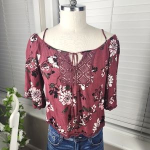 J for Justify Cold Shoulder Burgundy Shirt Flowers Lace Front Sz M